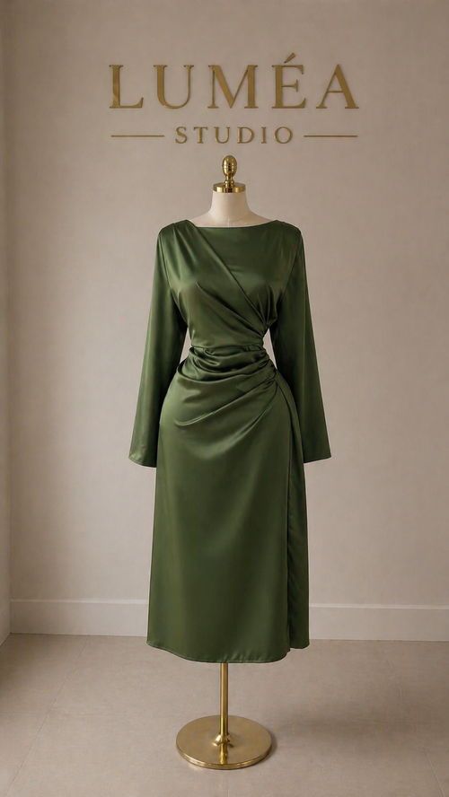 Olive Silk Ruched Midi